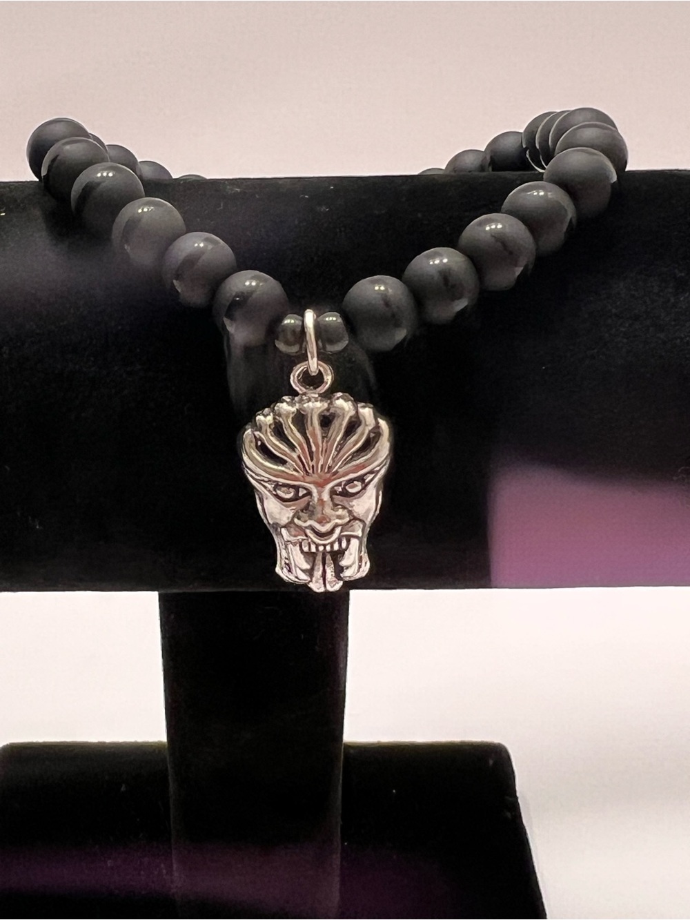 Men's Black Beaded Bracelet with Sterling Silver Demon Pendant
